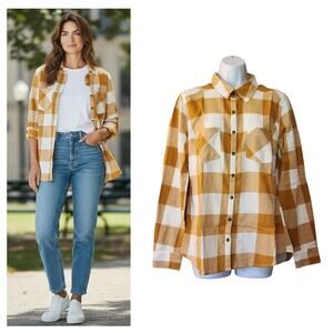 Maurices Womens Top Size M Yellow White Plaid Long Sleeve Button Down